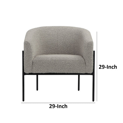 Mae 29 Inch Accent Armchair, Barrel, Gray Boucle Upholstery, Black Metal
