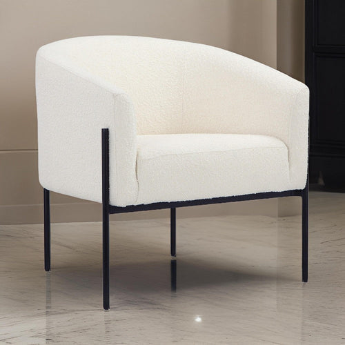 Mae 29 Inch Accent Armchair, Barrel, White Boucle Upholstery, Black Metal