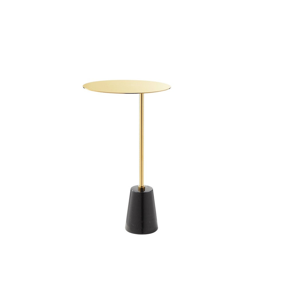 Frank 12 Inch Drink Side End Table, Gold Top, Marble Solid Cone Base – Black