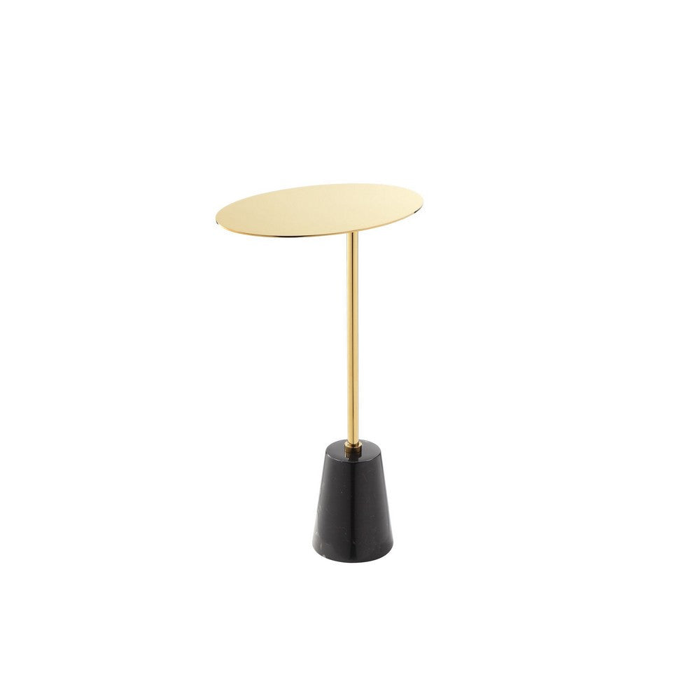 Frank 12 Inch Drink Side End Table, Gold Top, Black Marble Solid Cone Base