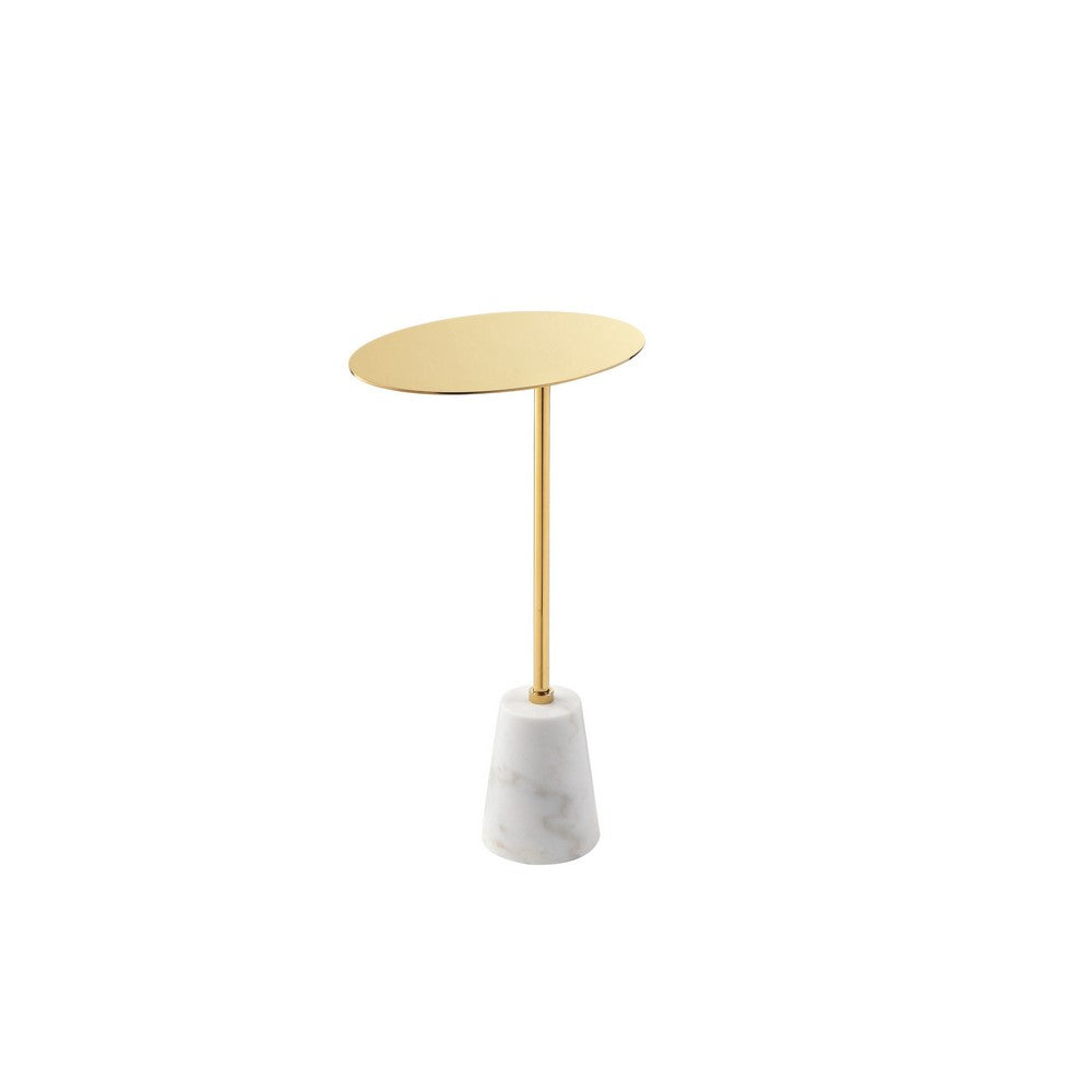Frank 12 Inch Drink Side End Table, Gold Top, White Marble Solid Cone Base