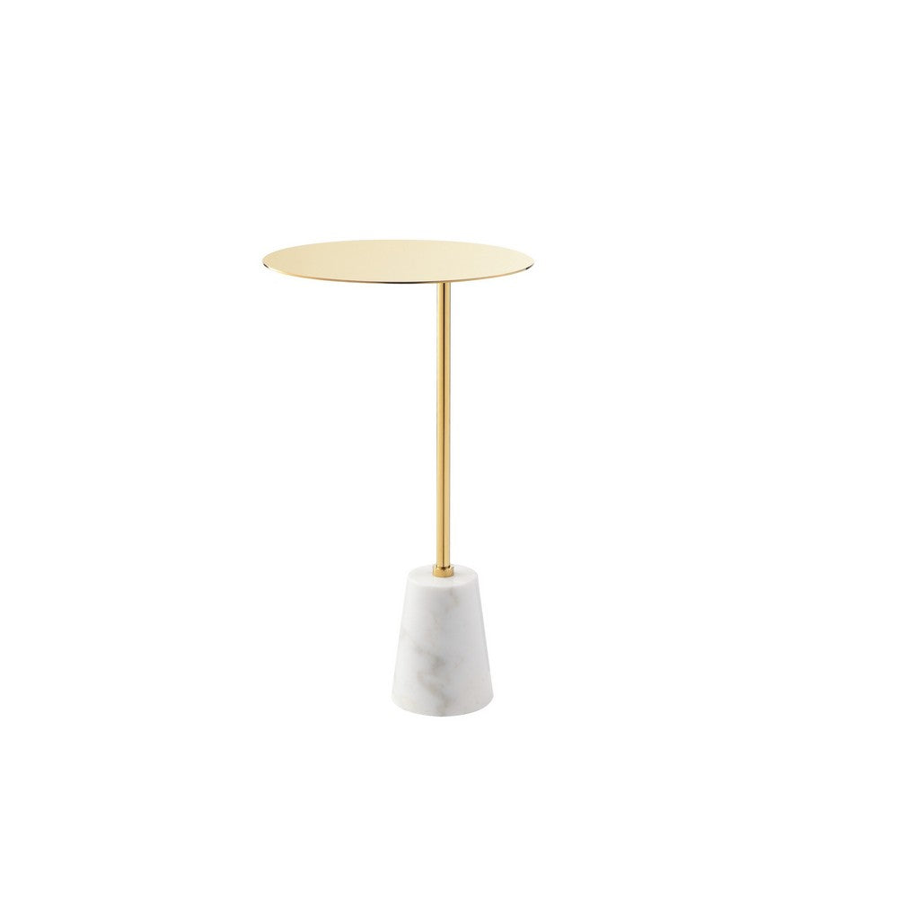 Frank 12 Inch Drink Side End Table, Gold Top, White Marble Solid Cone Base