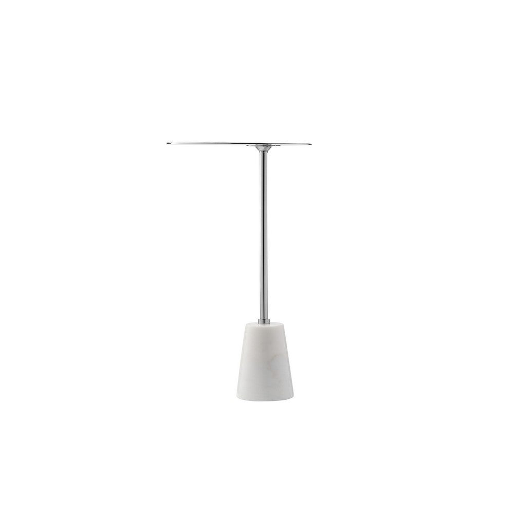 Frank 12 Inch Drink Side End Table, Chrome Top, White Marble Solid Base