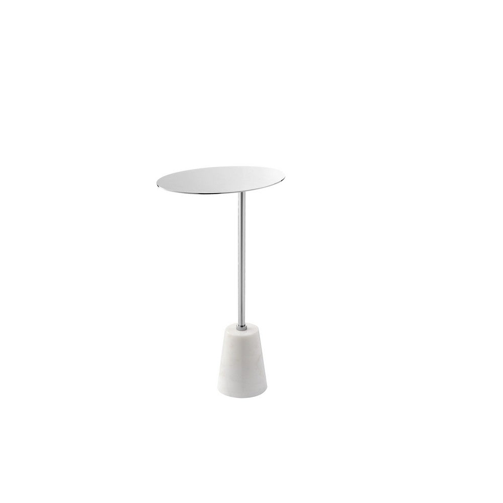 Frank 12 Inch Drink Side End Table, Chrome Top, White Marble Solid Base