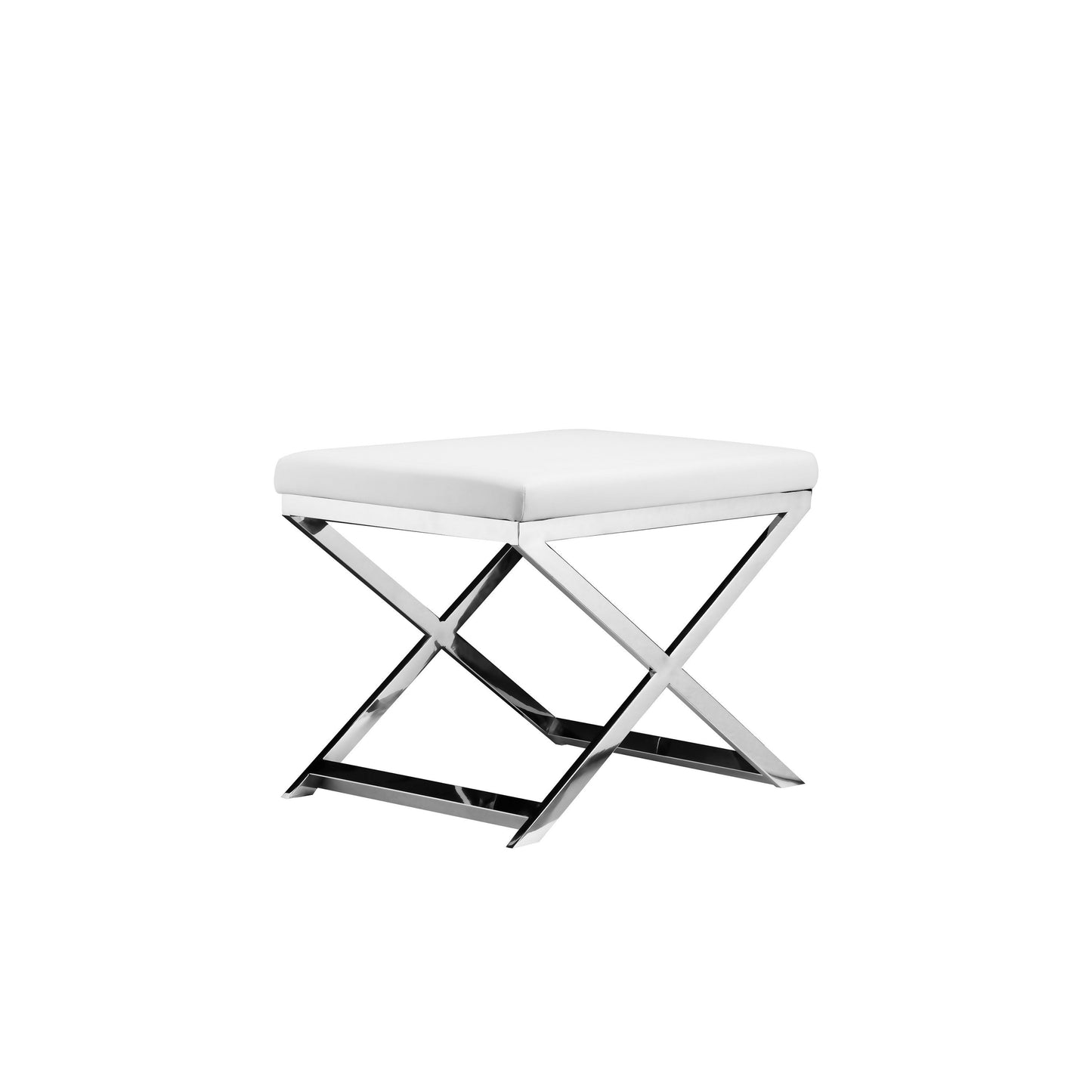 Sovi 20 Inch Accent Stool Ottoman, X Steel Legs, White Faux Leather