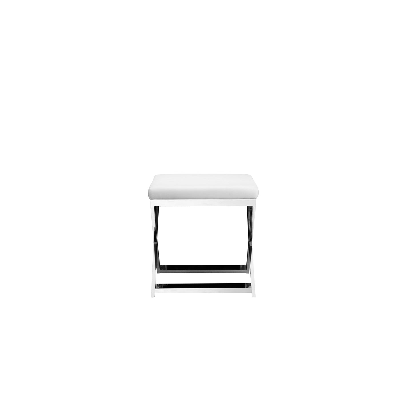 Sovi 20 Inch Accent Stool Ottoman, X Steel Legs, White Faux Leather