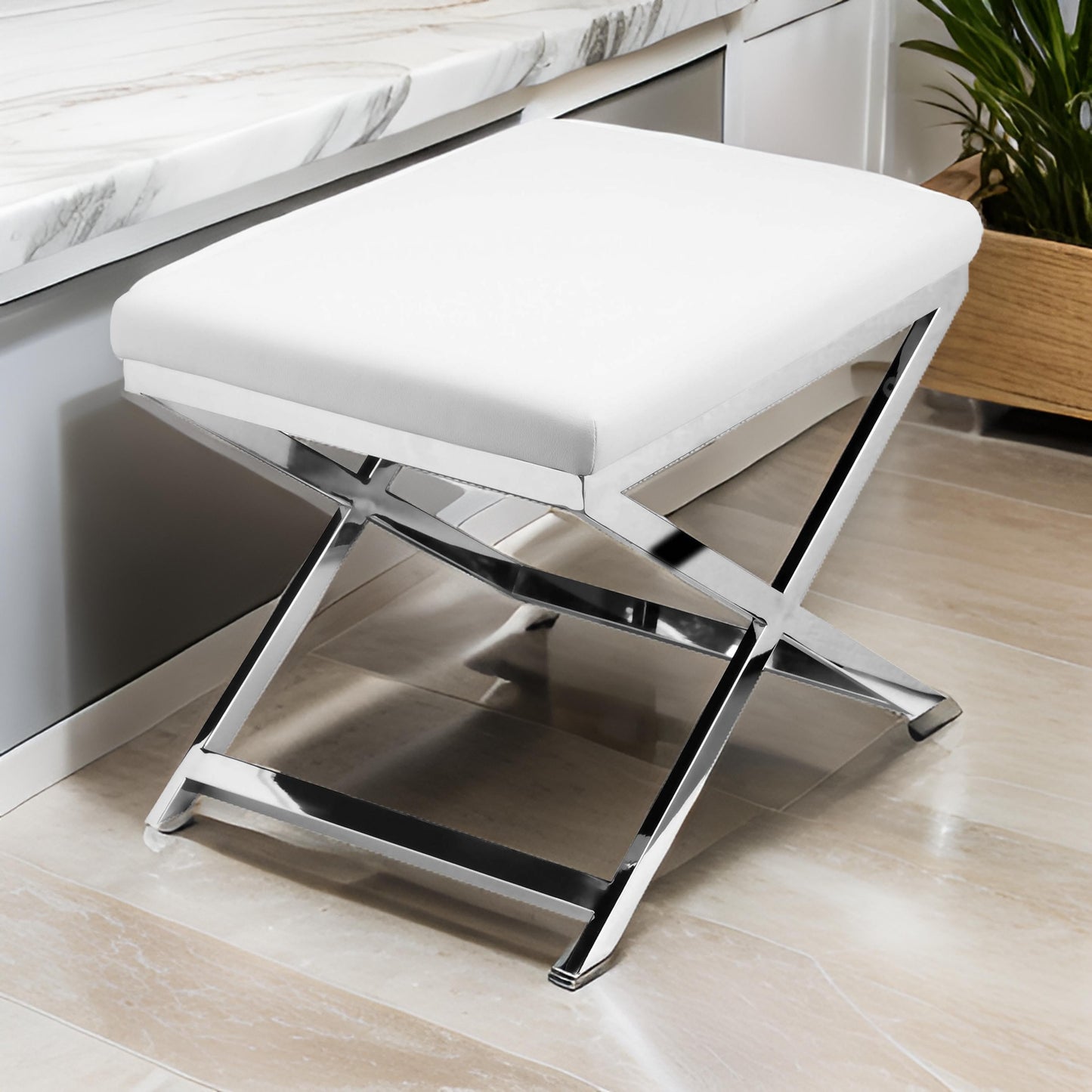 Sovi 20 Inch Accent Stool Ottoman, X Steel Legs, White Faux Leather
