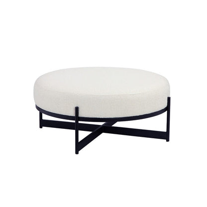 Aop 36 Inch Boucle Ottoman Stool, White Round Cushioned Seat, Black Base