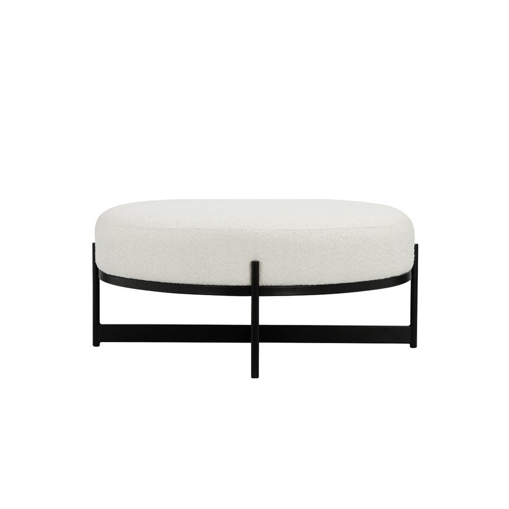 Aop 36 Inch Boucle Ottoman Stool, White Round Cushioned Seat, Black Base