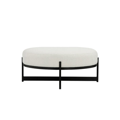 Aop 36 Inch Boucle Ottoman Stool, White Round Cushioned Seat, Black Base