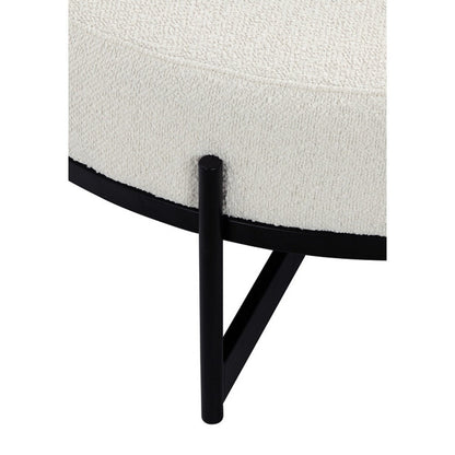 Aop 36 Inch Boucle Ottoman Stool, White Round Cushioned Seat, Black Base