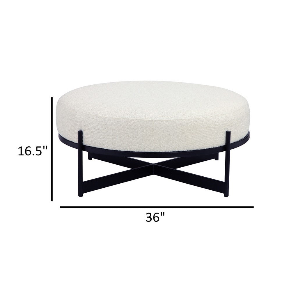 Aop 36 Inch Boucle Ottoman Stool, White Round Cushioned Seat, Black Base