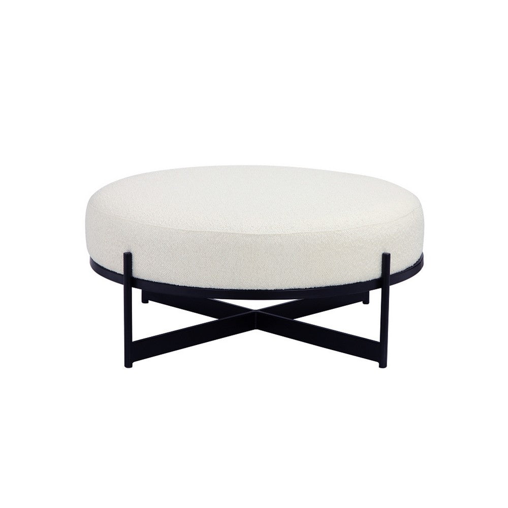 Aop 36 Inch Boucle Ottoman Stool, White Round Cushioned Seat, Black Base