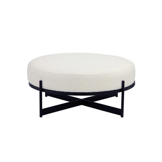 Aop 36 Inch Boucle Ottoman Stool, White Round Cushioned Seat, Black Base