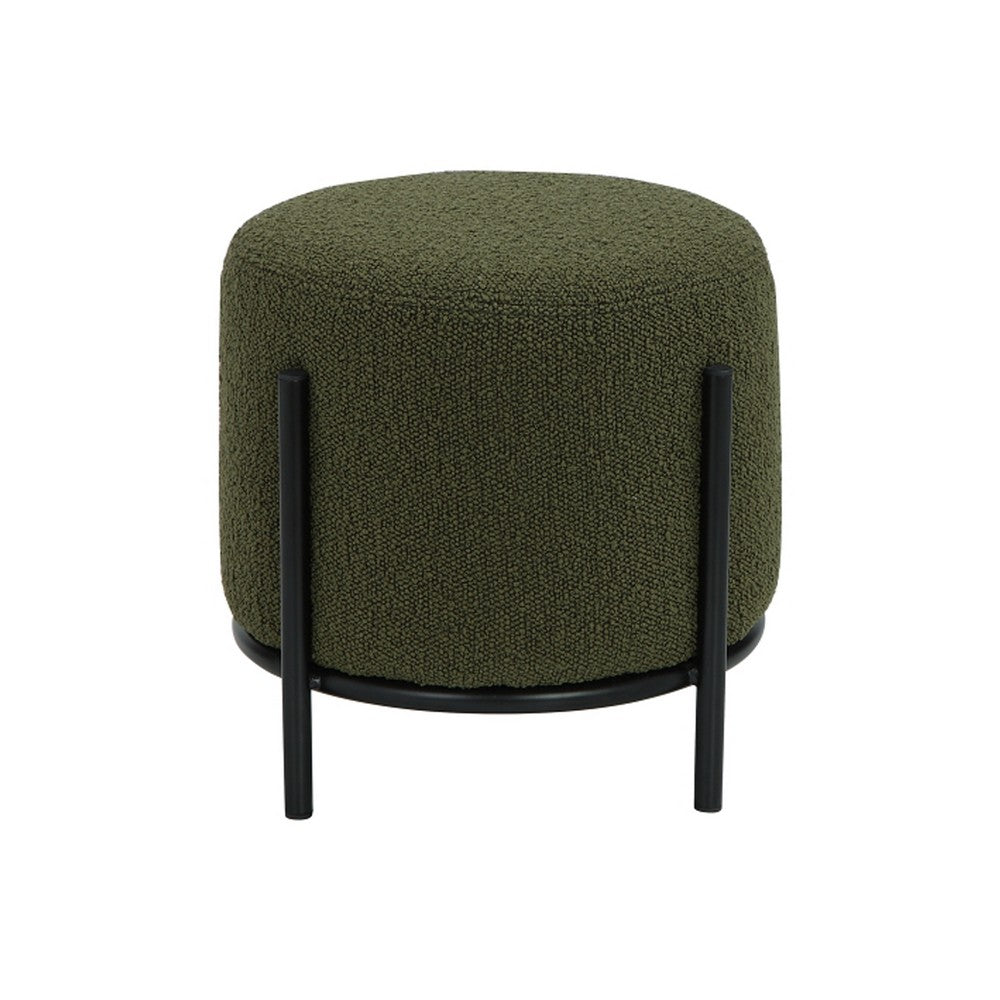 Aop 13 Inch Boucle Ottoman Stool, Round Cushioned Seat, Green Boucle, Black