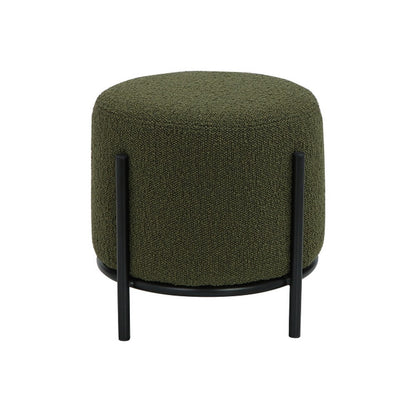 Aop 13 Inch Boucle Ottoman Stool, Round Cushioned Seat, Green Boucle, Black