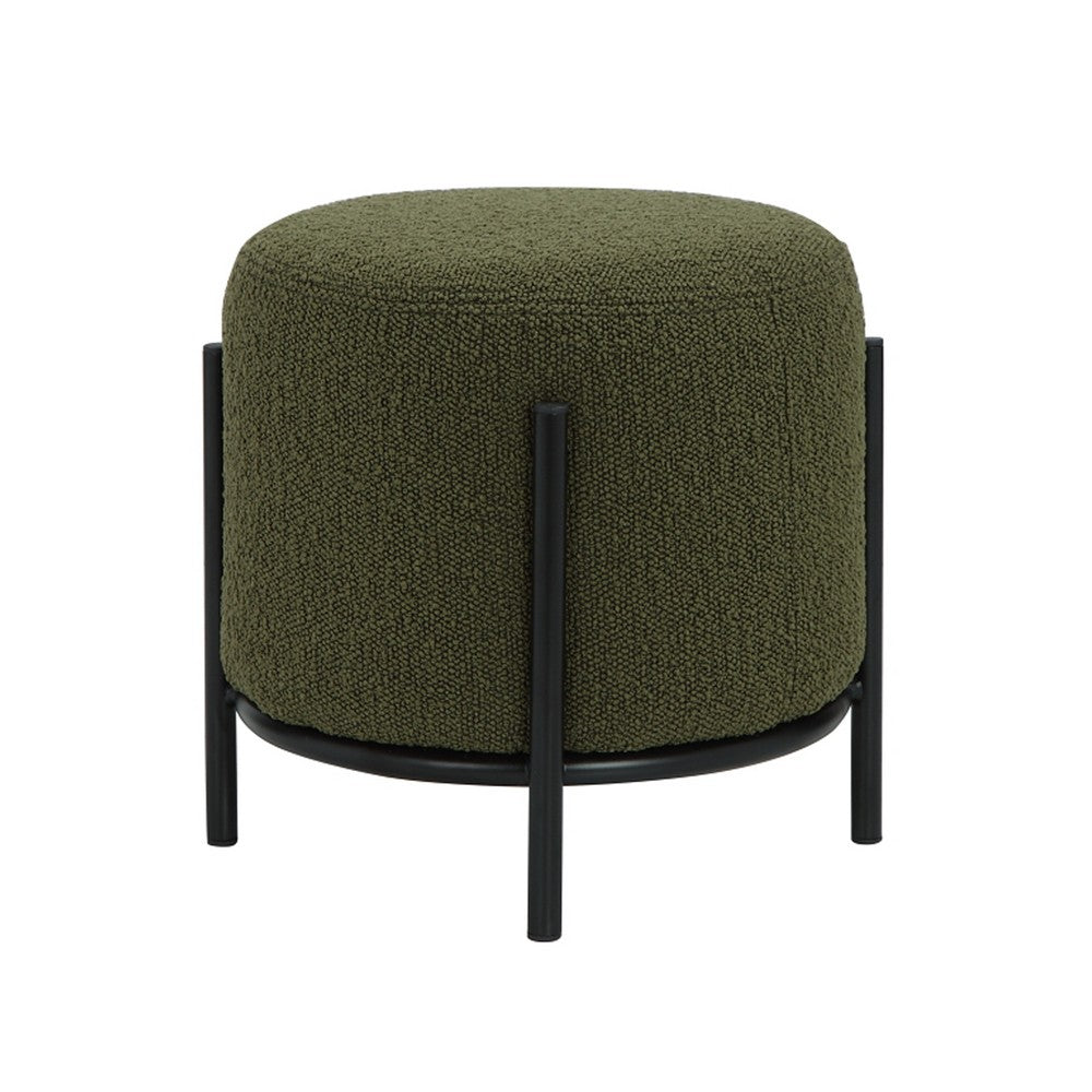 Aop 13 Inch Boucle Ottoman Stool, Round Cushioned Seat, Green Boucle, Black