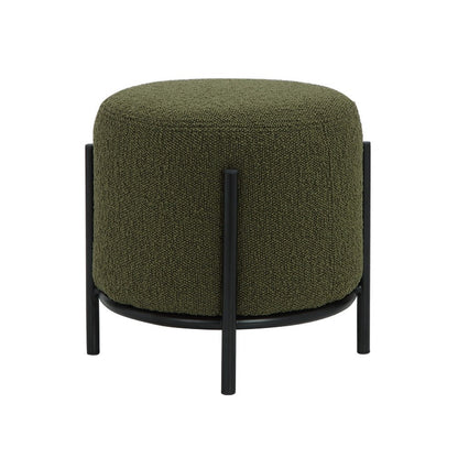 Aop 13 Inch Boucle Ottoman Stool, Round Cushioned Seat, Green Boucle, Black