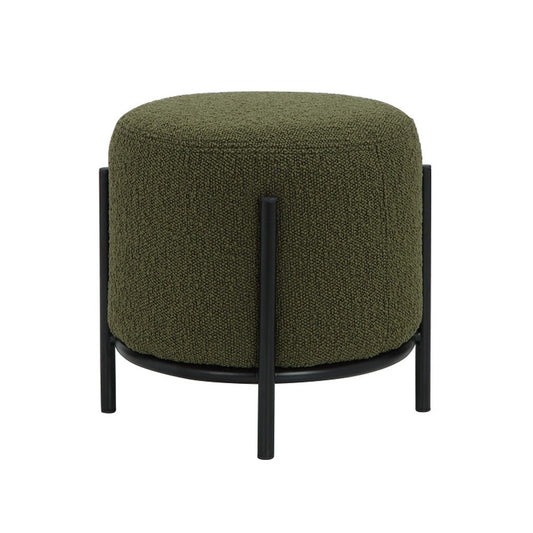 Aop 13 Inch Boucle Ottoman Stool, Round Cushioned Seat, Green Boucle, Black