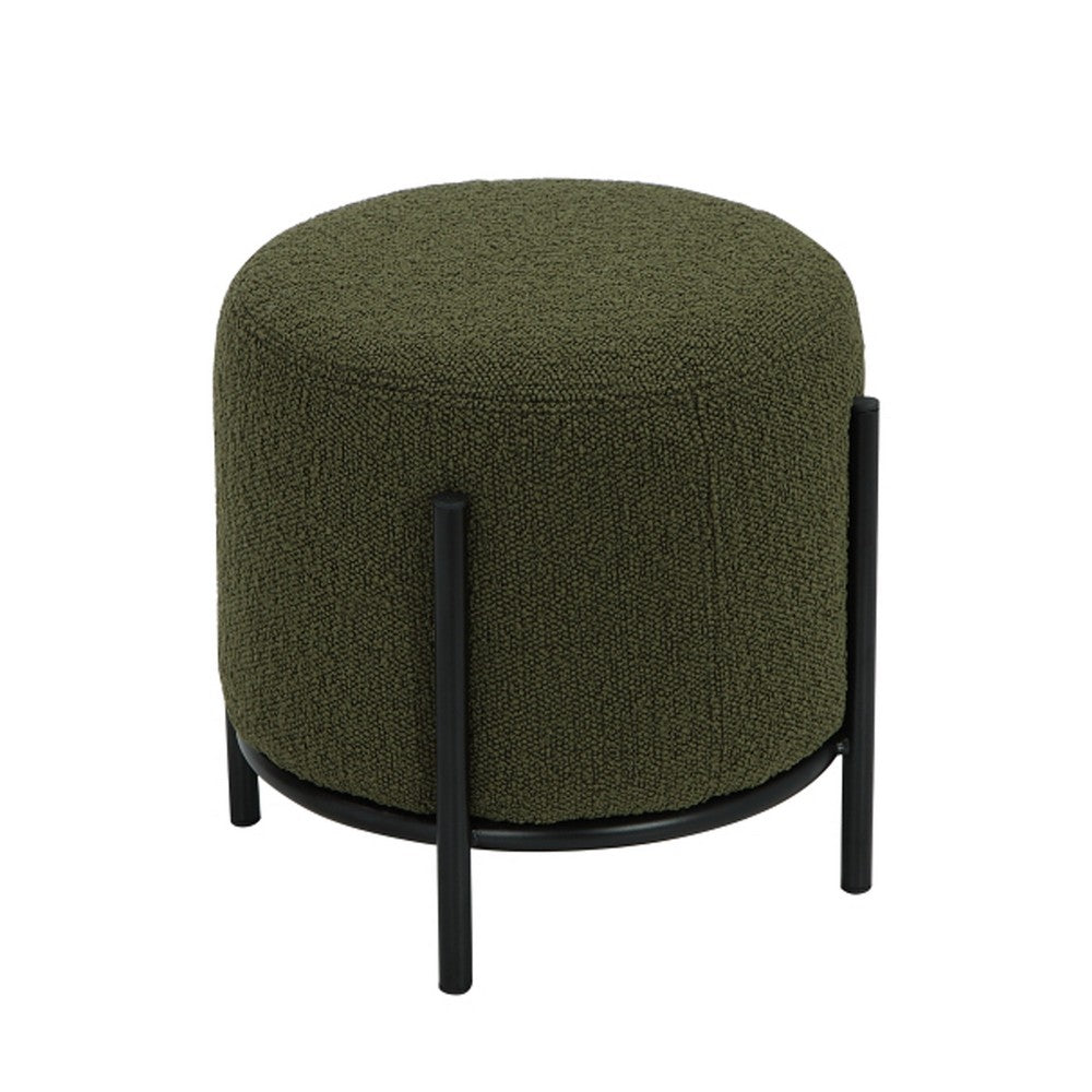 Aop 13 Inch Boucle Ottoman Stool, Round Cushioned Seat, Green Boucle, Black