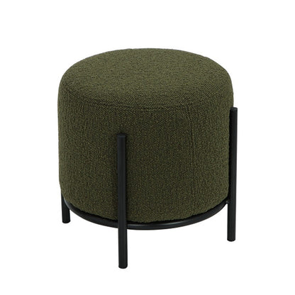 Aop 13 Inch Boucle Ottoman Stool, Round Cushioned Seat, Green Boucle, Black
