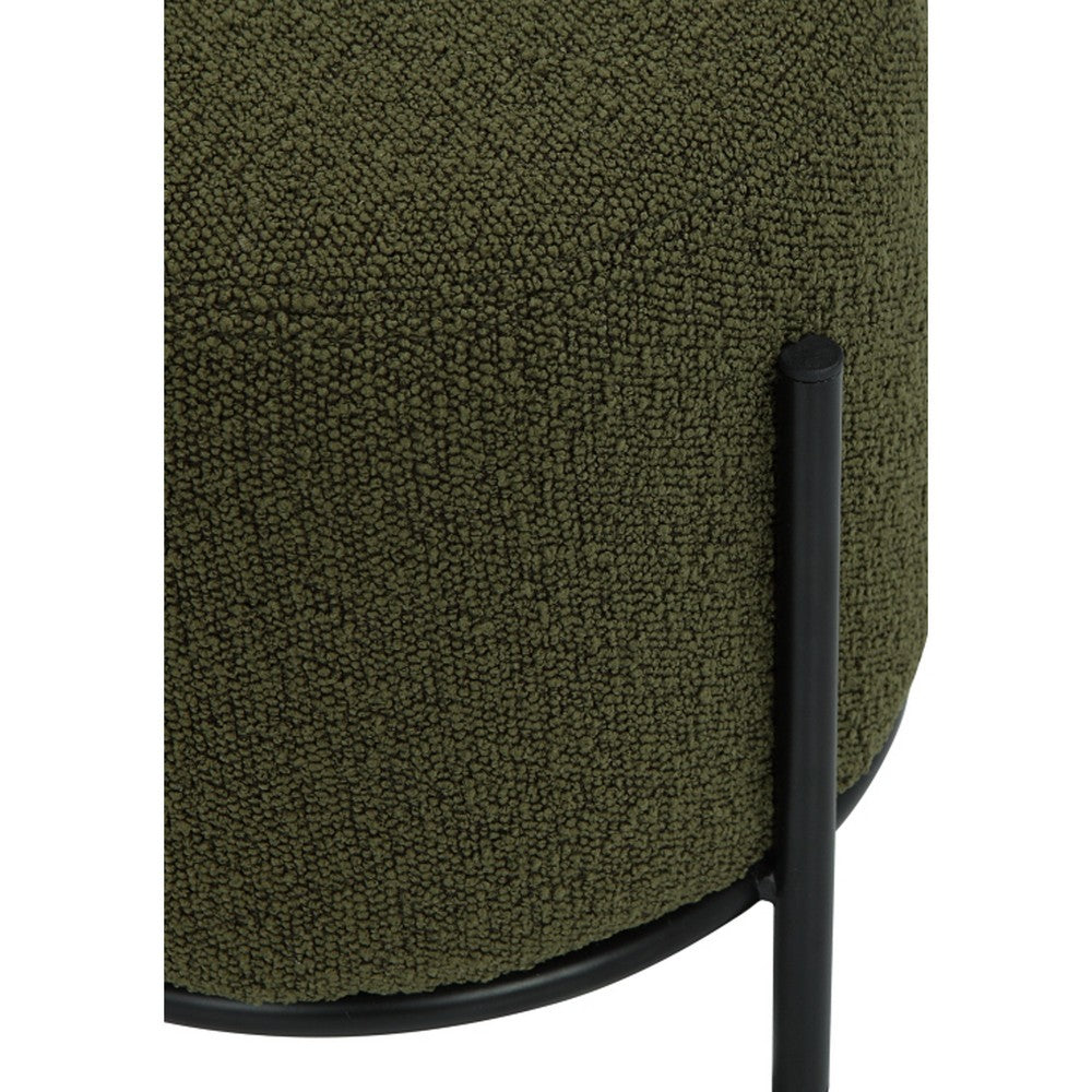 Aop 13 Inch Boucle Ottoman Stool, Round Cushioned Seat, Green Boucle, Black
