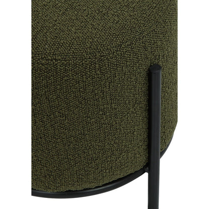 Aop 13 Inch Boucle Ottoman Stool, Round Cushioned Seat, Green Boucle, Black