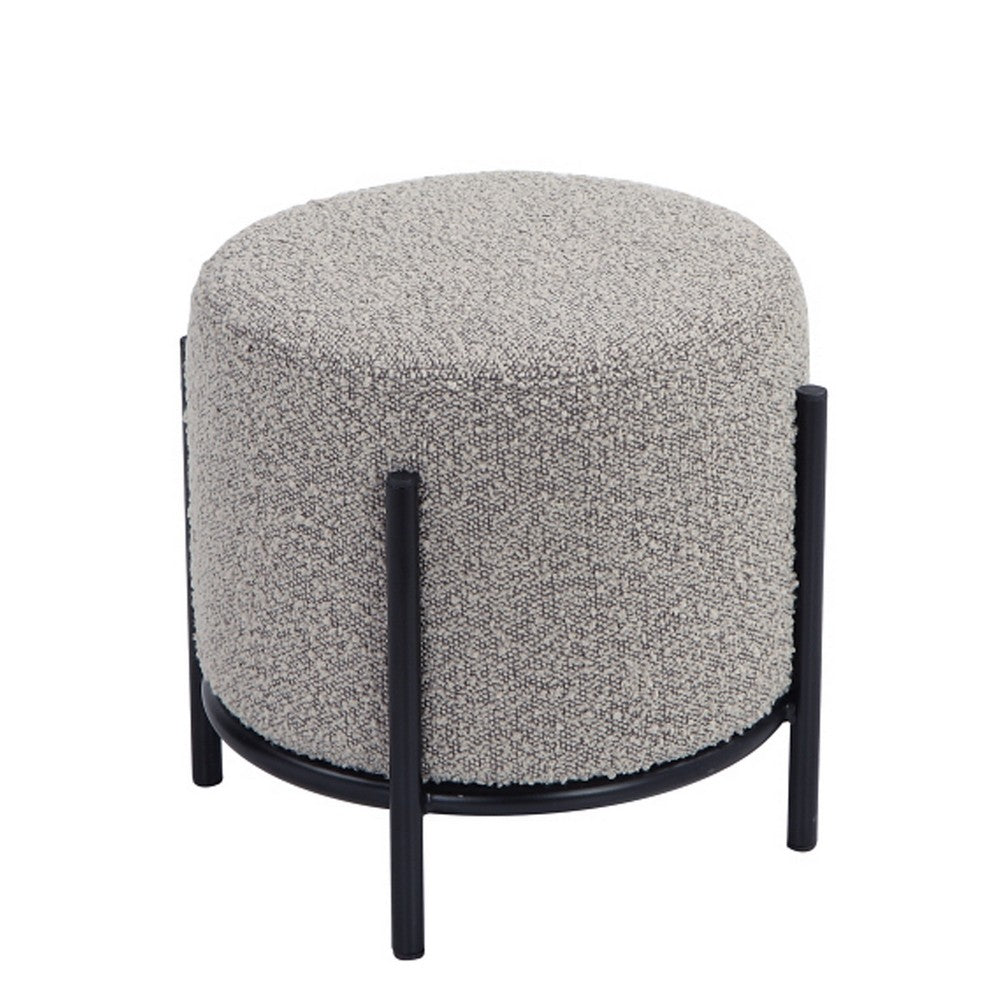 Aop 13 Inch Boucle Ottoman Stool, Round Cushioned Seat, Gray Boucle, Black