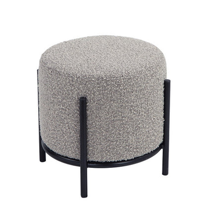 Aop 13 Inch Boucle Ottoman Stool, Round Cushioned Seat, Gray Boucle, Black