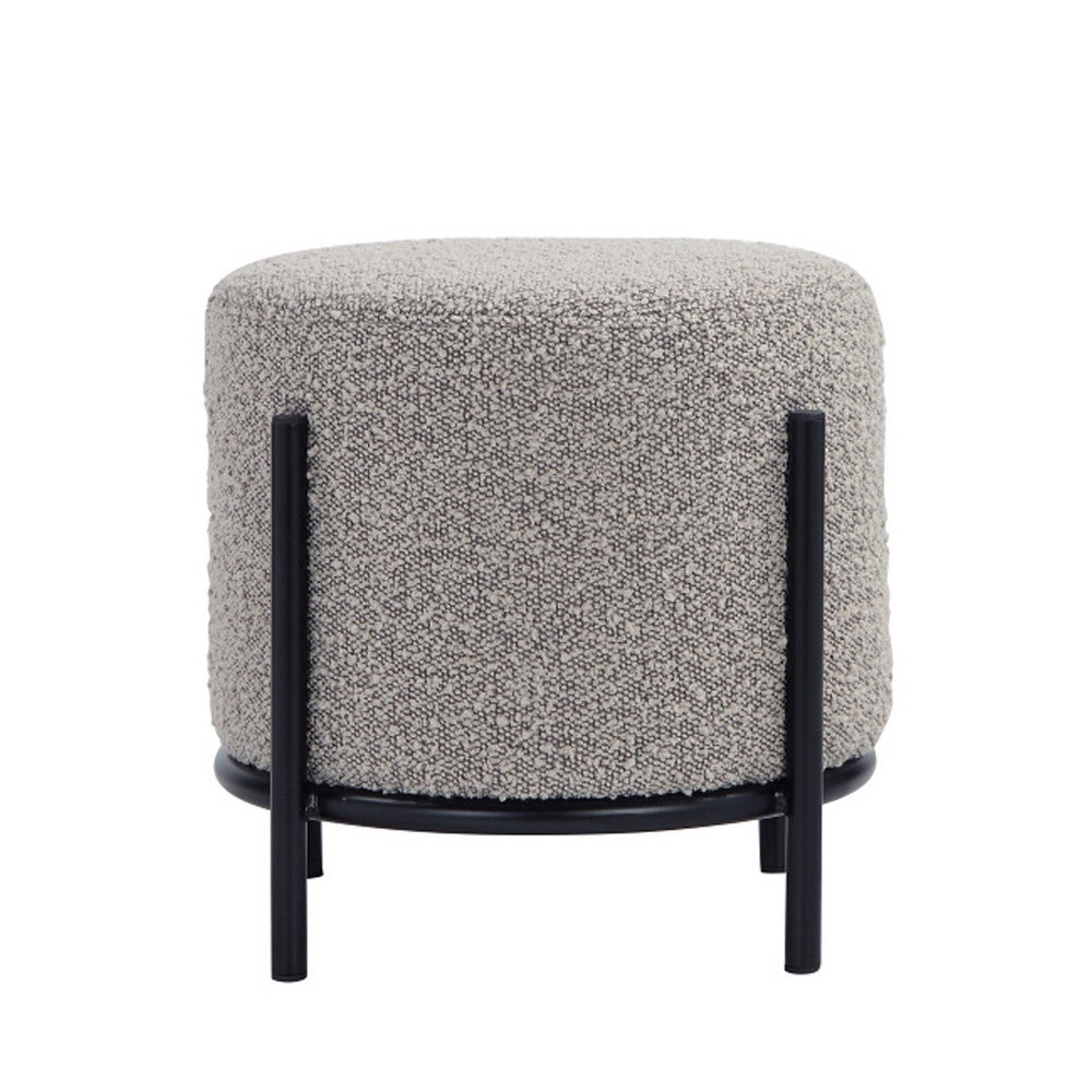 Aop 13 Inch Boucle Ottoman Stool, Round Cushioned Seat, Gray Boucle, Black