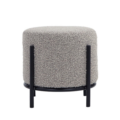 Aop 13 Inch Boucle Ottoman Stool, Round Cushioned Seat, Gray Boucle, Black