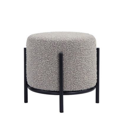 Aop 13 Inch Boucle Ottoman Stool, Round Cushioned Seat, Gray Boucle, Black