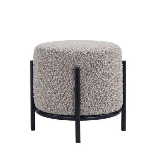 Aop 13 Inch Boucle Ottoman Stool, Round Cushioned Seat, Gray Boucle, Black