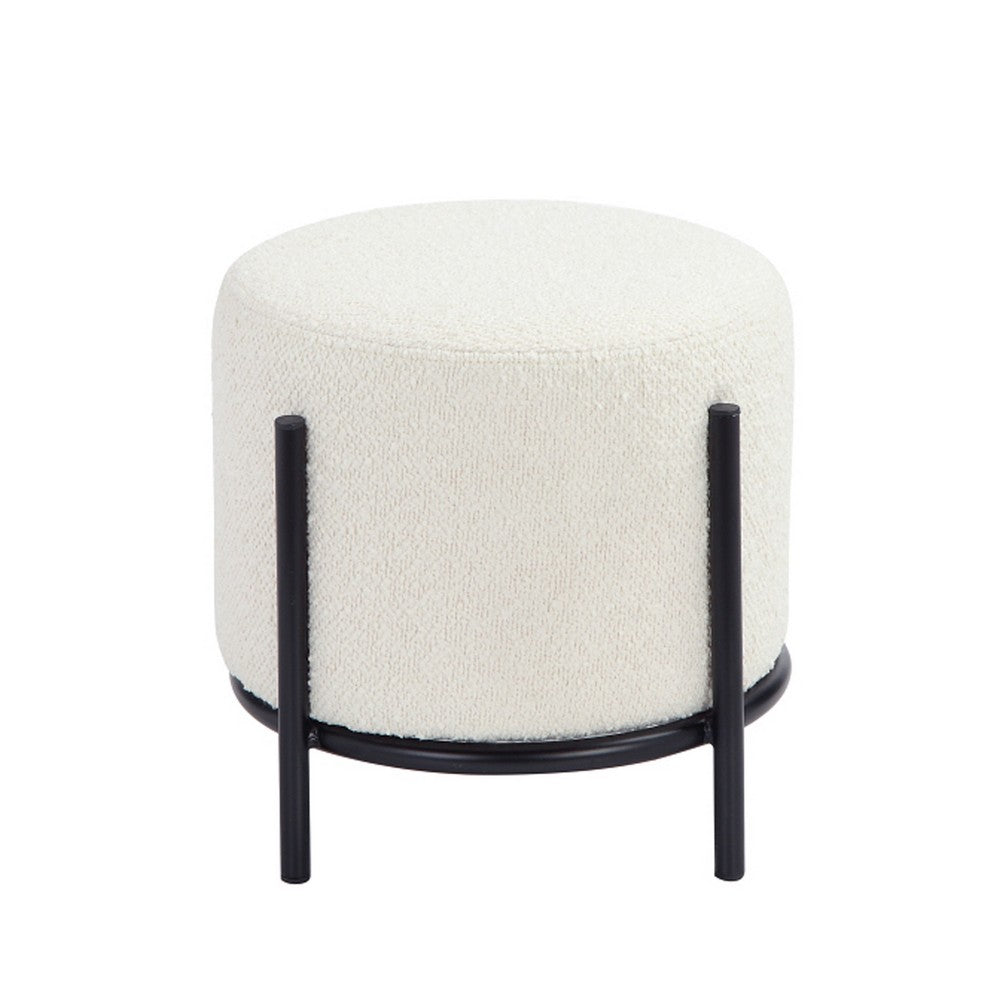 Aop 13 Inch Boucle Ottoman Stool, Round Cushioned Seat, White Boucle, Black