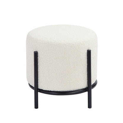 Aop 13 Inch Boucle Ottoman Stool, Round Cushioned Seat, White Boucle, Black