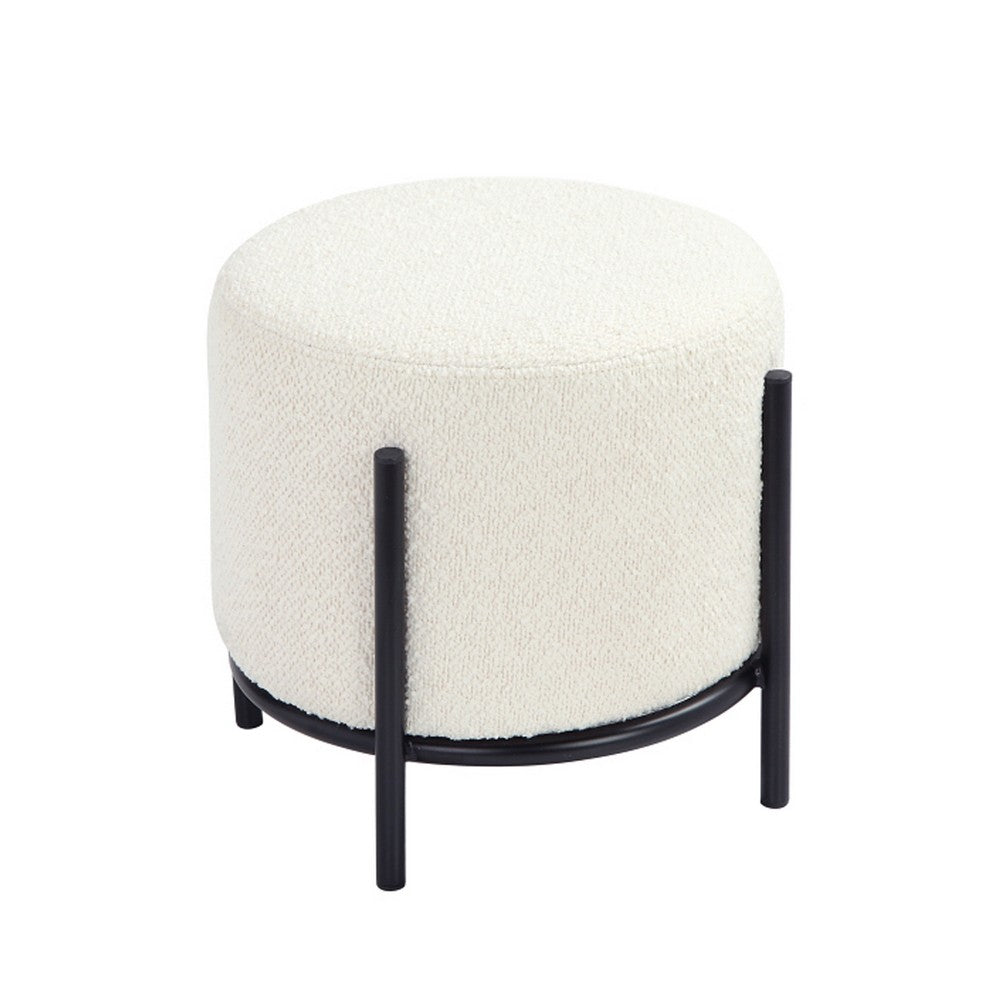 Aop 13 Inch Boucle Ottoman Stool, Round Cushioned Seat, White Boucle, Black