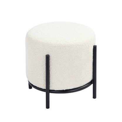 Aop 13 Inch Boucle Ottoman Stool, Round Cushioned Seat, White Boucle, Black