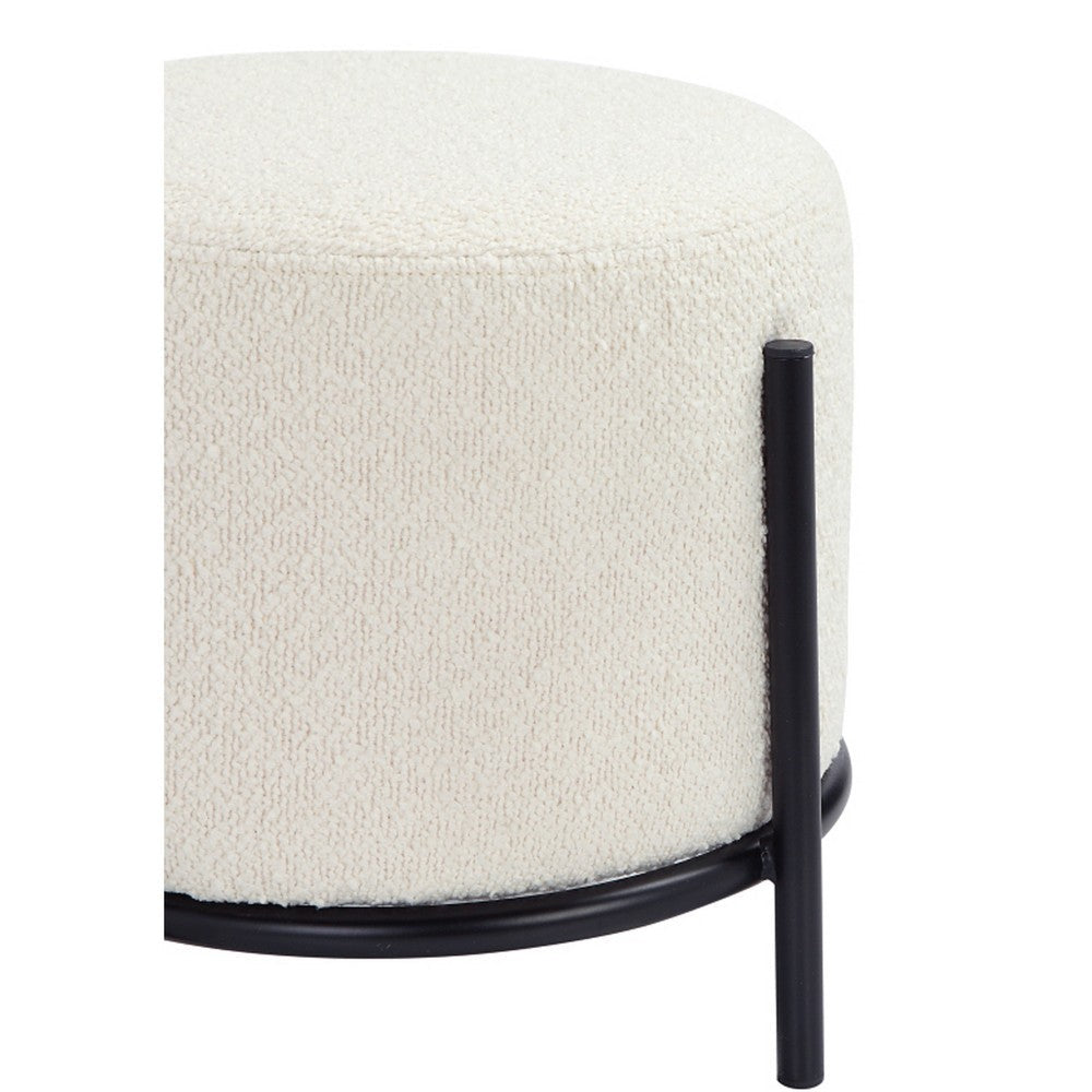 Aop 13 Inch Boucle Ottoman Stool, Round Cushioned Seat, White Boucle, Black