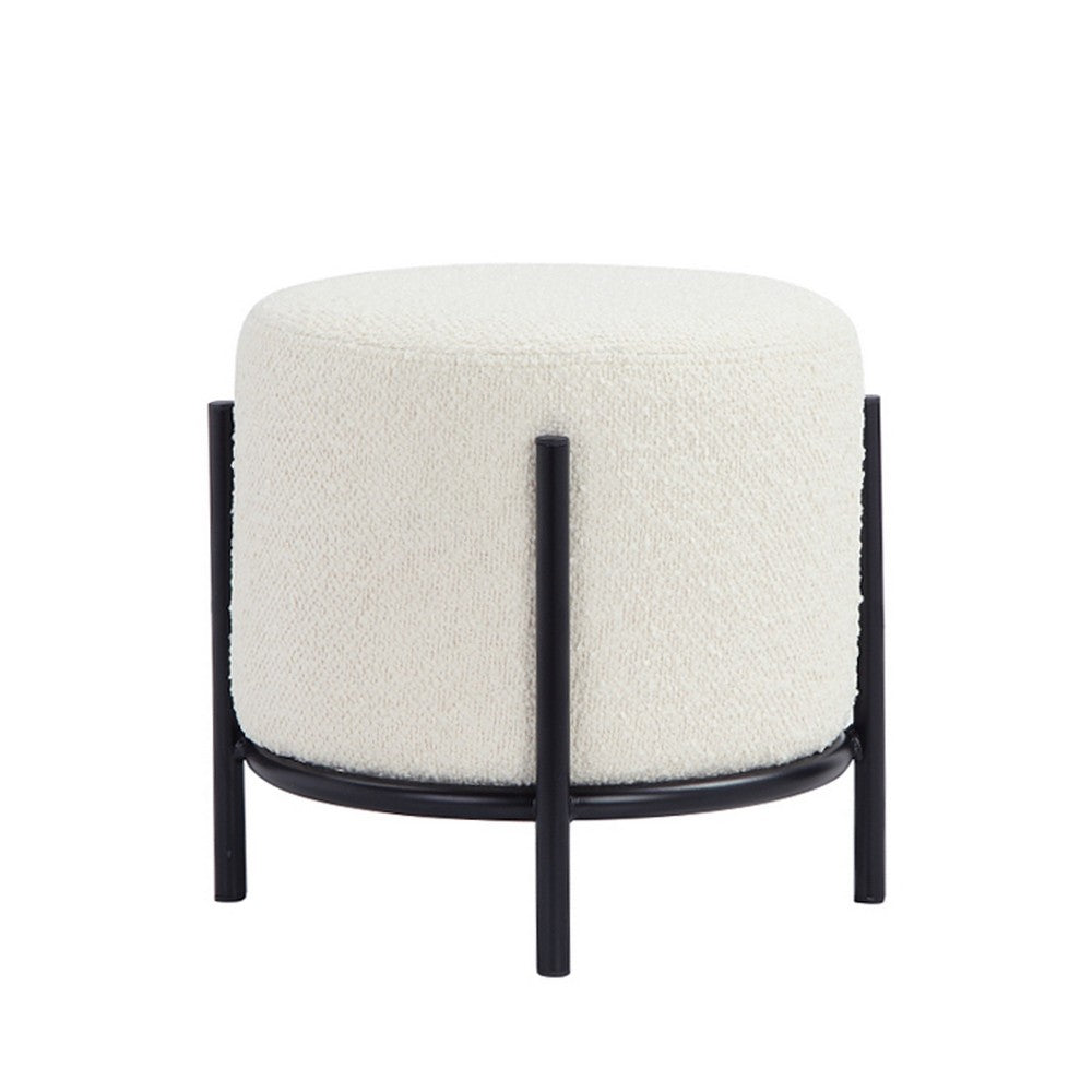 Aop 13 Inch Boucle Ottoman Stool, Round Cushioned Seat, White Boucle, Black