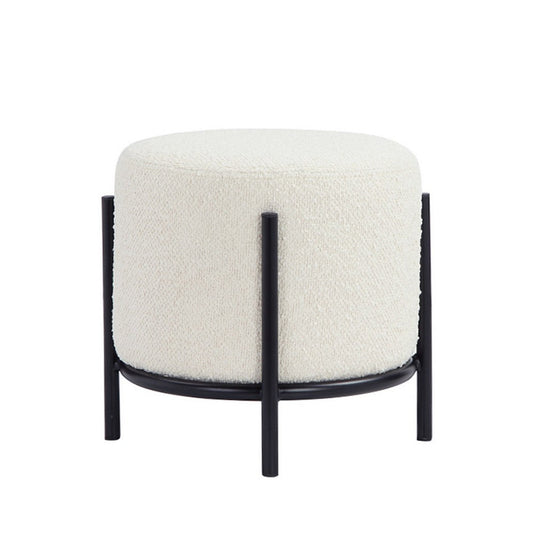 Aop 13 Inch Boucle Ottoman Stool, Round Cushioned Seat, White Boucle, Black