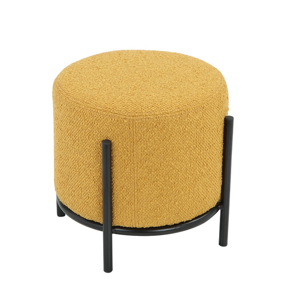 Aop 13 Inch Boucle Ottoman Stool, Round Cushioned Seat Yellow Boucle, Black