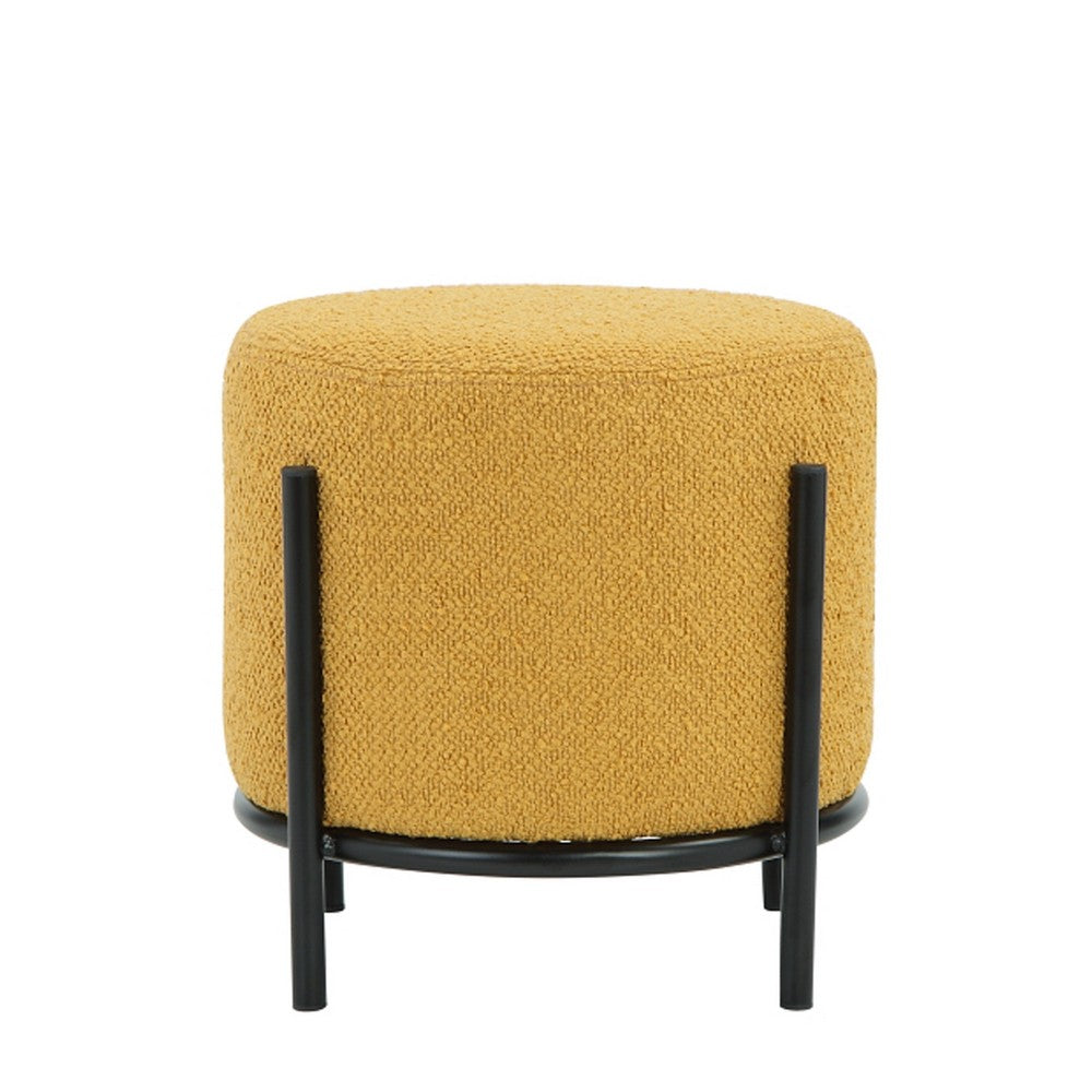 Aop 13 Inch Boucle Ottoman Stool, Round Cushioned Seat Yellow Boucle, Black