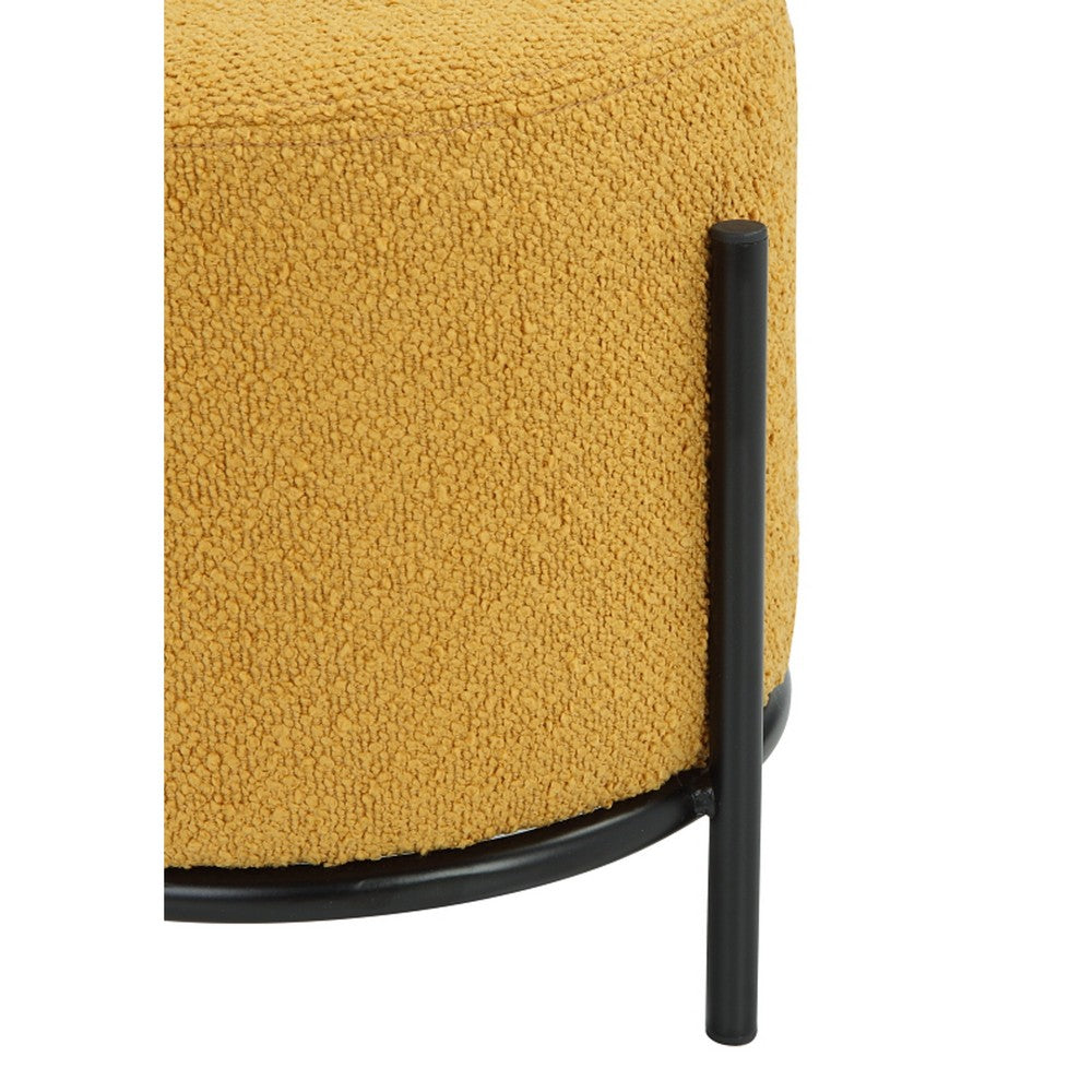 Aop 13 Inch Boucle Ottoman Stool, Round Cushioned Seat Yellow Boucle, Black
