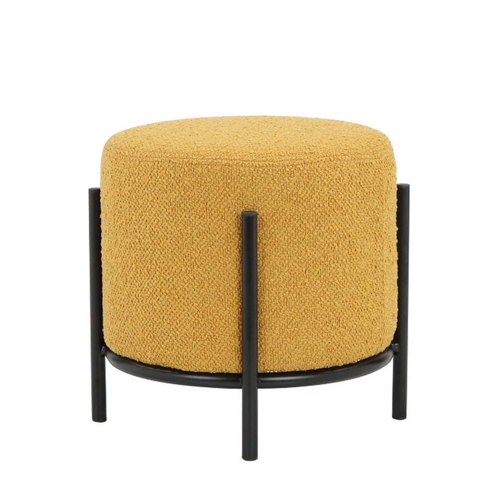 Aop 13 Inch Boucle Ottoman Stool, Round Cushioned Seat Yellow Boucle, Black