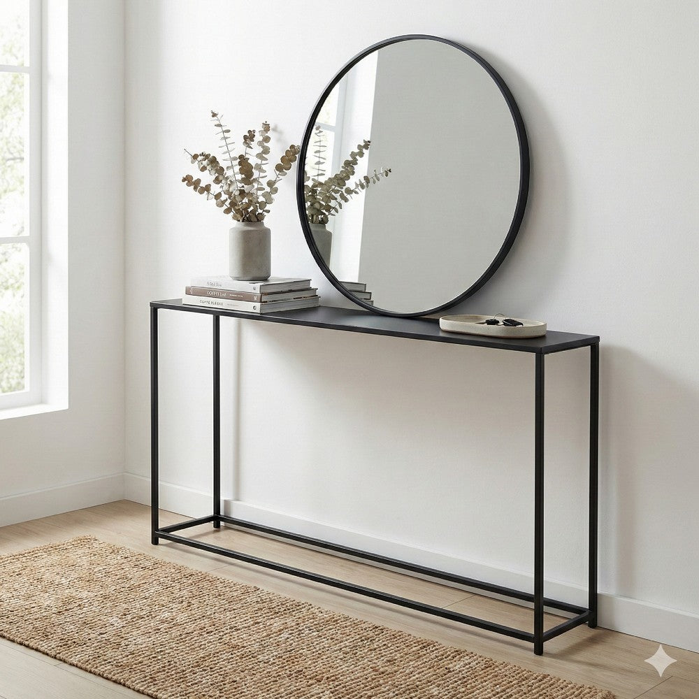Eme 56 Inch Console Sofa Table, Rectangular Top, Modern Black Metal Frame