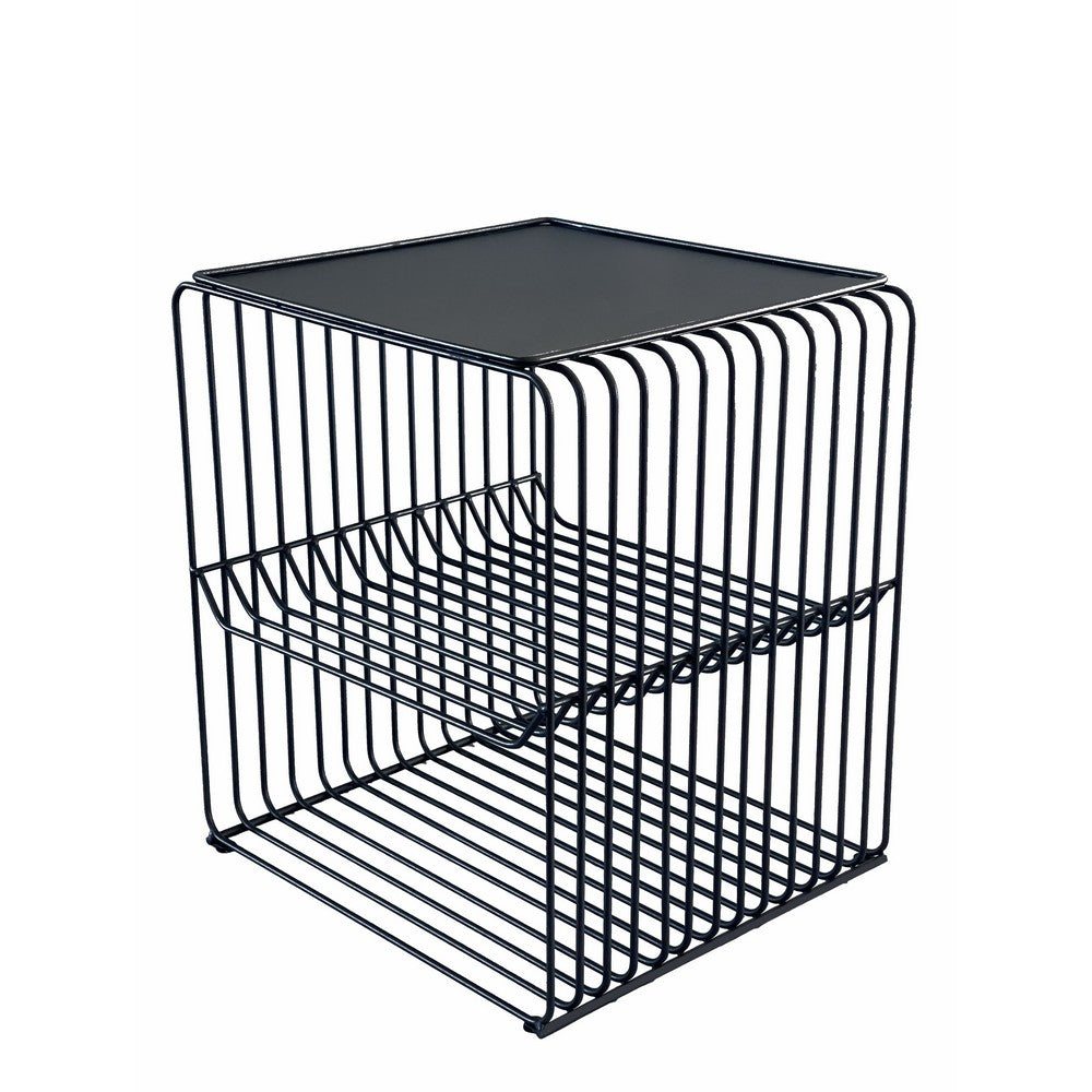 20 Inch Tall Side End Table, 2 Shelves, Square Top, Black Metal Wire Frame