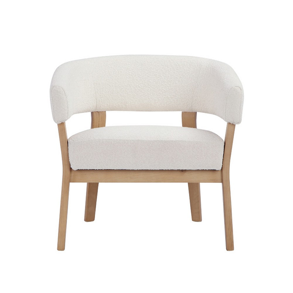 29 Inch Lounge Chair, Boucle Seat, Curved Wishbone Back, White, Brown