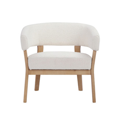 29 Inch Lounge Chair, Boucle Seat, Curved Wishbone Back, White, Brown