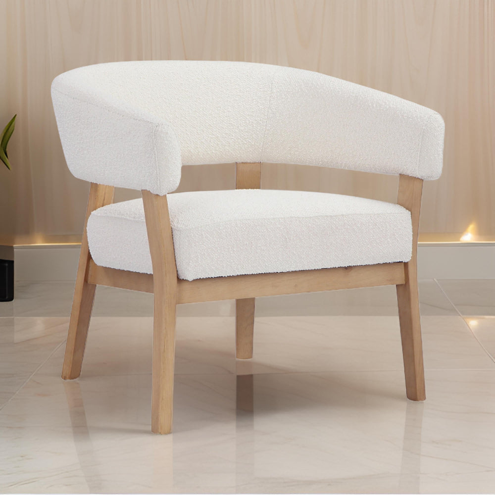 29 Inch Lounge Chair, Boucle Seat, Curved Wishbone Back, White, Brown