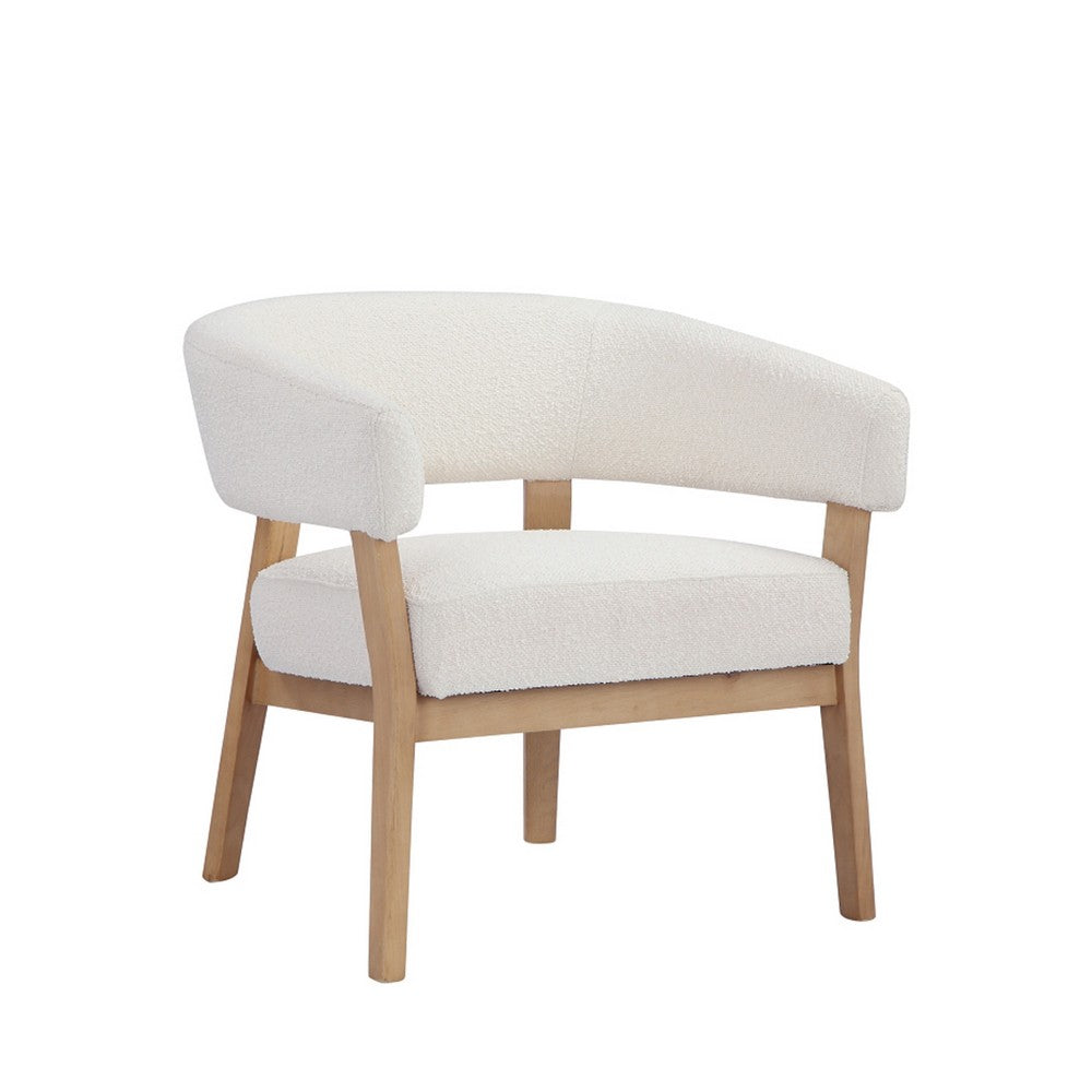 29 Inch Lounge Chair, Boucle Seat, Curved Wishbone Back, White, Brown
